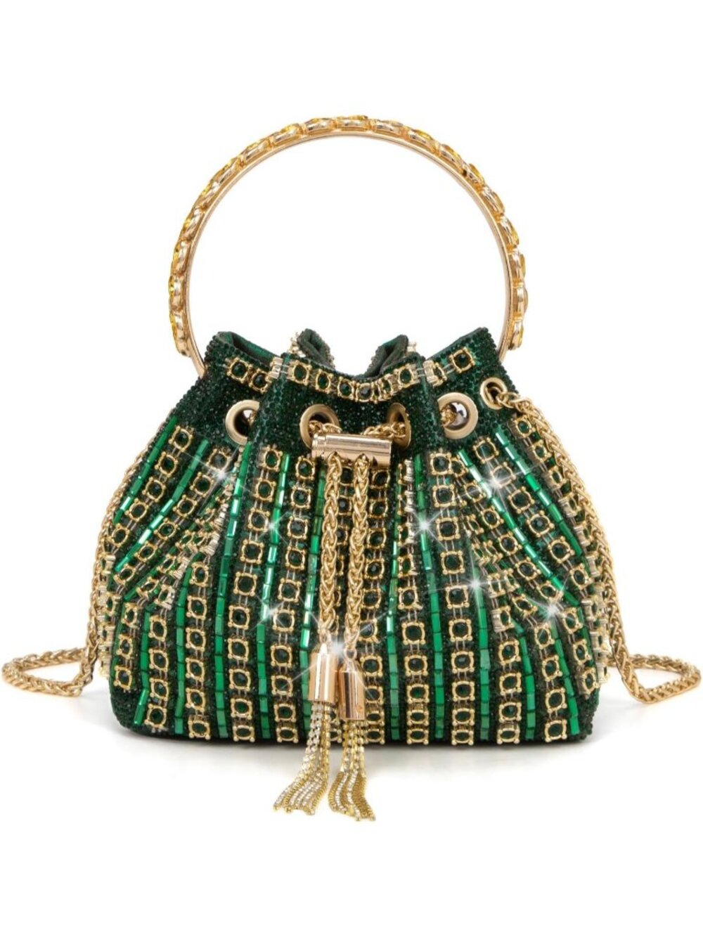 Women Green Sparkly Rhinestone Clutch Purse Diamond Chain Evening Bag